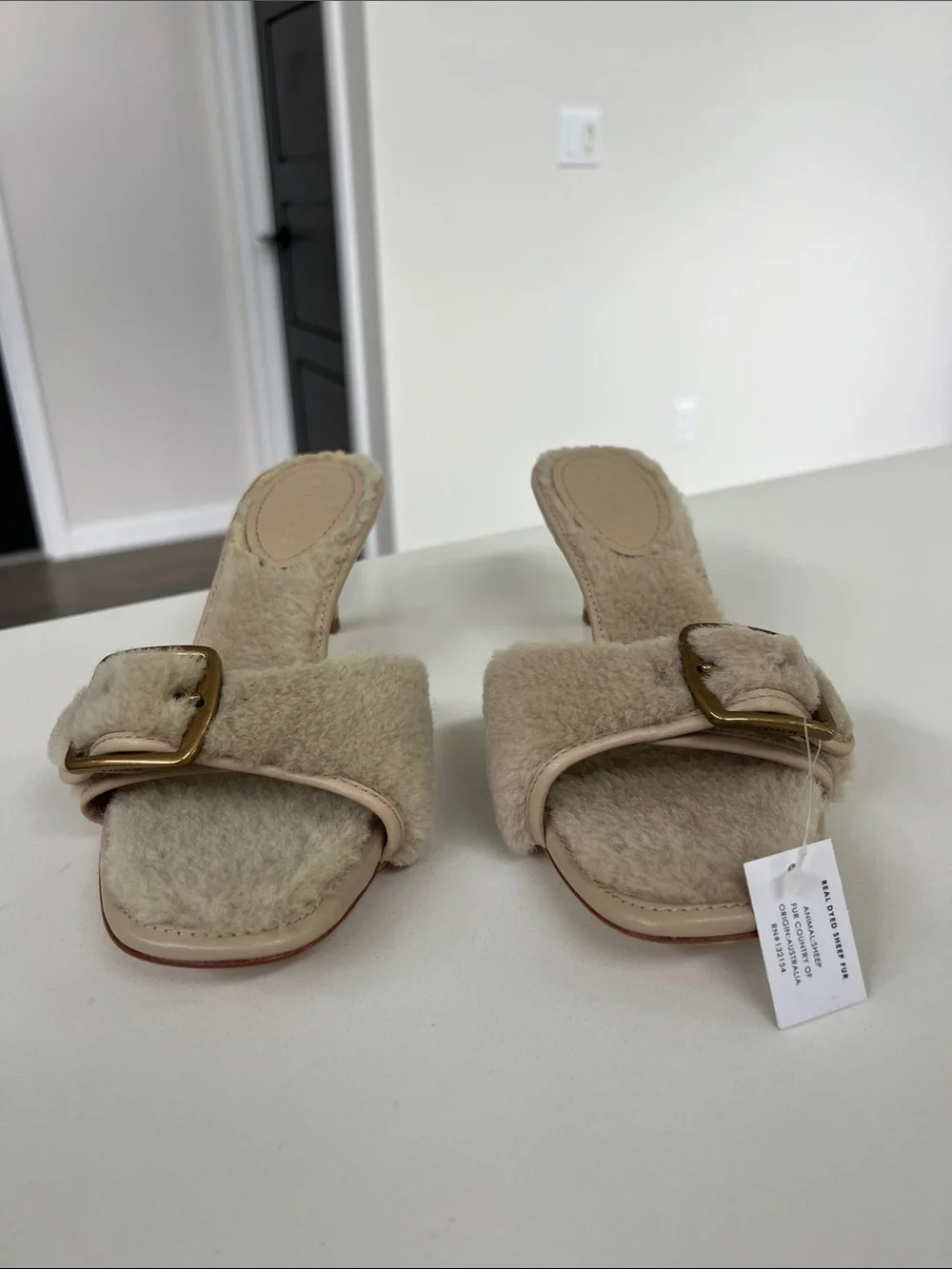 Coach shearling buckle open toe mule sandals natural cream 8.5